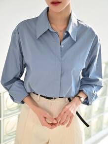 DAZY 纯色纽扣衬衫 秋季上衣 长袖 - 藍色 - 查看 8