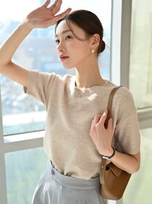 DAZY Solid Drop Shoulder Knit Top,Back To School Clothes - Khaki - View 8