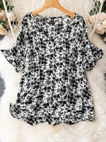 Plus Floral Print Flounce Sleeve Blouse - Black and White - View 1
