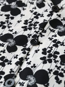 Plus Floral Print Flounce Sleeve Blouse - Black and White - View 3