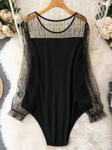 Calvaya Plus Contrast Mesh Flounce Sleeve Bodysuit - Black - View 2