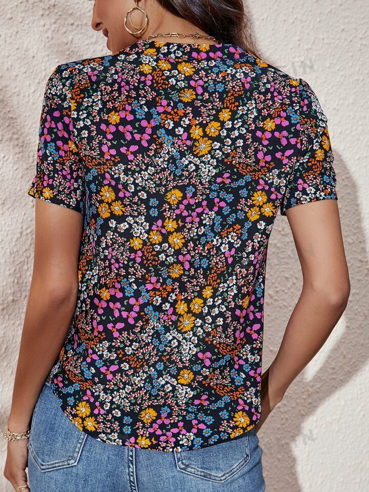 SHEIN LUNE Floral Print Notched Neck Blouse | SHEIN USA