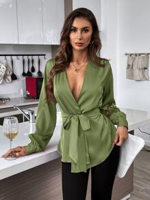 SHEIN Privé Solid Belted Asymmetrical Hem Blouse - Olive Green - View 3