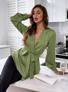 SHEIN Privé Solid Belted Asymmetrical Hem Blouse - Olive Green - View 4