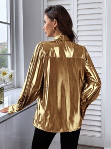 SHEIN Essnce Tie Neck Lantern Sleeve Shirt - Gold - View 2