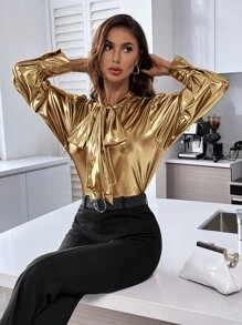 SHEIN Essnce Tie Neck Lantern Sleeve Shirt - Gold - View 3