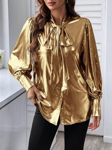 SHEIN Essnce Tie Neck Lantern Sleeve Shirt - Gold - View 4