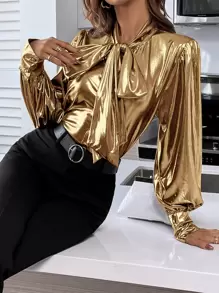 SHEIN Essnce Tie Neck Lantern Sleeve Shirt - Gold - View 5