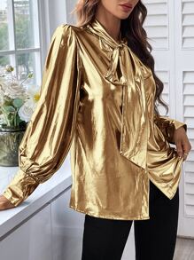 SHEIN Essnce Tie Neck Lantern Sleeve Shirt - Gold - View 6