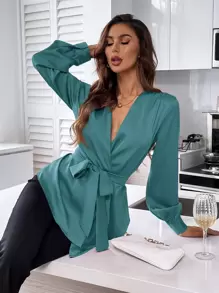 Aveloria Solid Belted Asymmetrical Hem Blouse - Cadet Blue - View 4