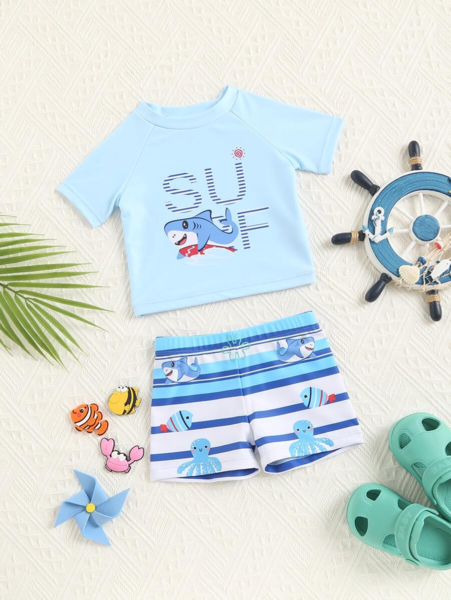 嬰兒流行鯊魚圖案2件套海灘泳裝套裝適合夏天度假 - 藍白色 - 查看 1