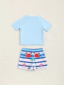 嬰兒流行鯊魚圖案2件套海灘泳裝套裝適合夏天度假 - 藍白色 - 查看 2