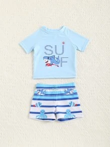 嬰兒流行鯊魚圖案2件套海灘泳裝套裝適合夏天度假 - 藍白色 - 查看 4