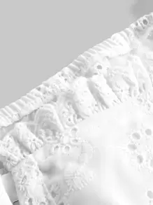 SHEIN MOD Camisa crop con bordado con ojal de manga farol ribete fruncido - Blanco - Ver 3