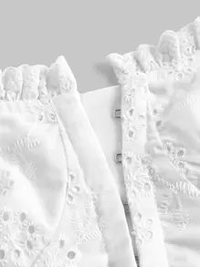 SHEIN MOD Camisa crop con bordado con ojal de manga farol ribete fruncido - Blanco - Ver 4