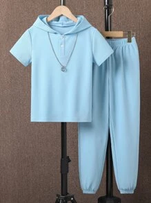 SHEIN Boys Solid Hooded Tee & Joggers - Blue - View 1