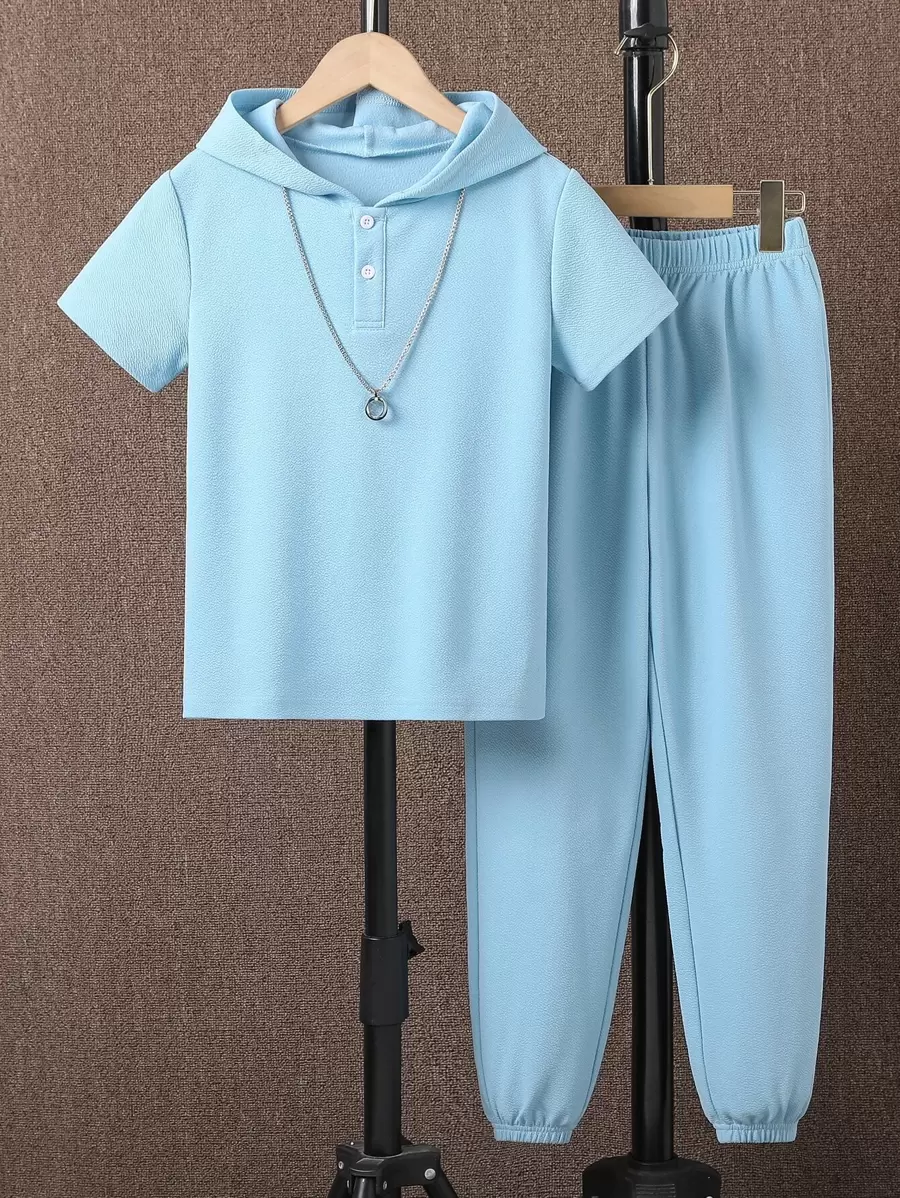 SHEIN Boys Solid Hooded Tee & Joggers - Blue - View 1