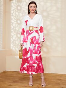 Al Najma Floral Print Button Front Hooded Dress - Multicolor - View 1