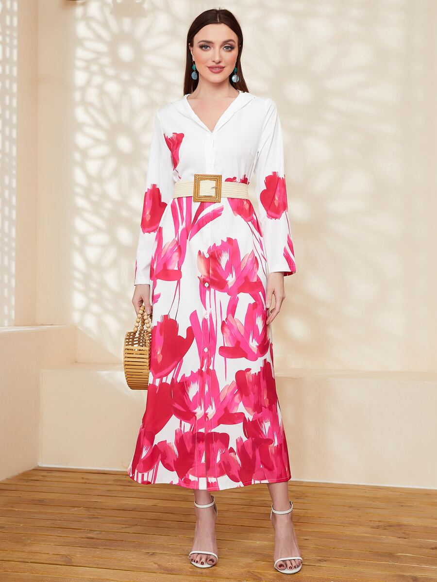 Al Najma Floral Print Button Front Hooded Dress - Multicolor - View 1