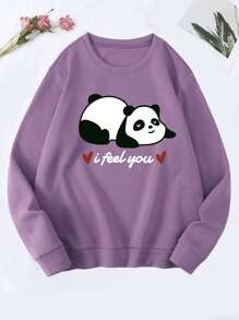 SHEIN EZwear Panda & Slogan Graphic Thermal Lined Pullover - Mauve Purple - View 1