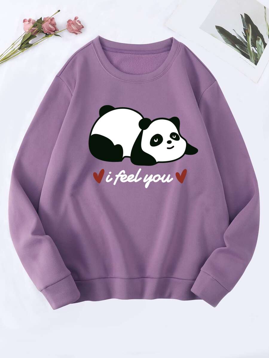 SHEIN EZwear Panda & Slogan Graphic Thermal Lined Pullover - Mauve Purple - View 1
