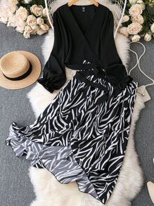 SHEIN Clasi Plus Surplice Neck Flounce Sleeve Top & Zebra Striped Print Skirt - Black and White - View 1