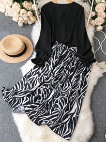 SHEIN Clasi Plus Surplice Neck Flounce Sleeve Top & Zebra Striped Print Skirt - Black and White - View 2