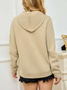 SHEIN LUNE Heart Print Kangaroo Pocket Drop Shoulder Drawstring Thermal Hoodie - Khaki - View 2
