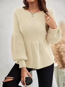 SHEIN Frenchy Solid Lantern Sleeve Jumper - Beige - View 1