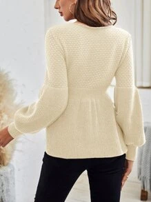 SHEIN Frenchy Solid Lantern Sleeve Jumper - Beige - View 2