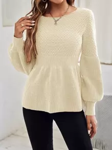 SHEIN Frenchy Solid Lantern Sleeve Jumper - Beige - View 3