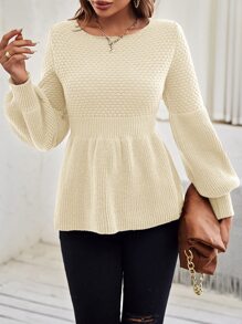 SHEIN Frenchy Solid Lantern Sleeve Jumper - Beige - View 4