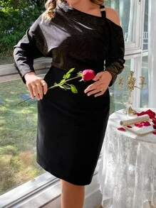 Calvaya Plus Asymmetrical Neck O-ring Detail Glitter Dress - Black - View 1