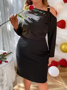 Calvaya Plus Asymmetrical Neck O-ring Detail Glitter Dress - Black - View 3