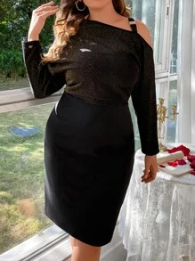 Calvaya Plus Asymmetrical Neck O-ring Detail Glitter Dress - Black - View 4