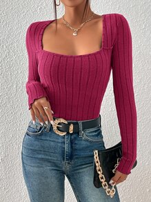 SHEIN Frenchy Camiseta de cuello cuadrado ribete en forma de lechuga - Rosa Fucsia - Ver 3