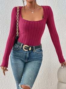 SHEIN Frenchy Camiseta de cuello cuadrado ribete en forma de lechuga - Rosa Fucsia - Ver 4