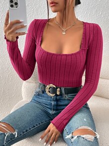 SHEIN Frenchy Camiseta de cuello cuadrado ribete en forma de lechuga - Rosa Fucsia - Ver 6