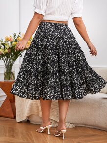 SHEIN VCAY Falda floral bajo con fruncido - Negro - Ver 2
