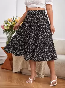 SHEIN VCAY Falda floral bajo con fruncido - Negro - Ver 3