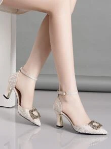 2025秋冬季女士尖头粗跟镂空水钻装饰凉鞋，优雅，女士高跟鞋，优雅，派对装扮 - 杏色 - 查看 4