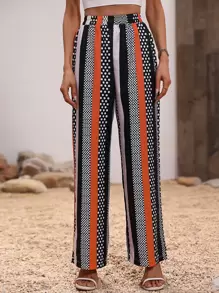 SHEIN LUNE Striped & Polka Dot Print Wide Leg Trousers - Multicolor - View 6