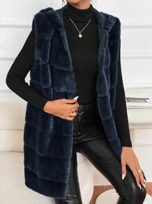 SHEIN Frenchy Open Front Hooded Vest Fuzzy Coat - Navy Blue - View 1