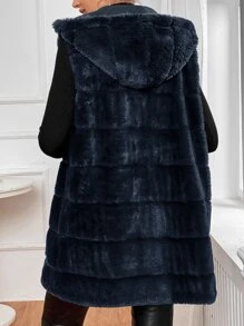 SHEIN Frenchy Open Front Hooded Vest Fuzzy Coat - Navy Blue - View 2