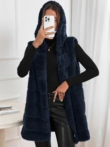 SHEIN Frenchy Open Front Hooded Vest Fuzzy Coat - Navy Blue - View 3