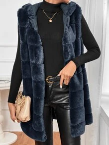 SHEIN Frenchy Open Front Hooded Vest Fuzzy Coat - Navy Blue - View 4