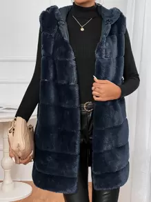 SHEIN Frenchy Open Front Hooded Vest Fuzzy Coat - Navy Blue - View 5