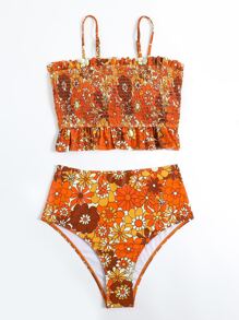 SHEIN Swim Tankini con estampado floral, cinturilla de volantes y fruncido para el verano y la playa - Multicolor - Ver 4