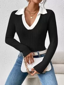 SHEIN Essnce Camiseta de cuello en contraste tejido de canalé - Negro - Ver 1
