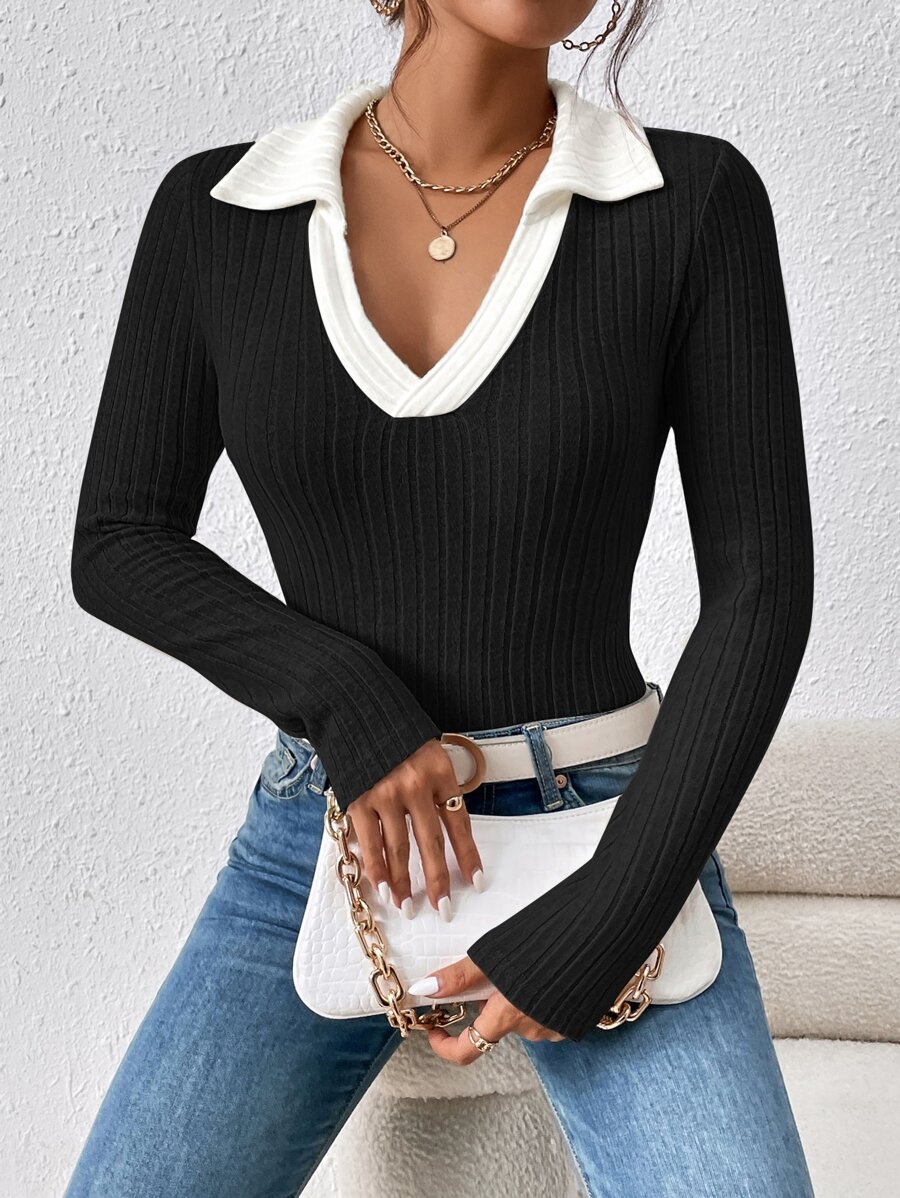 SHEIN Essnce Camiseta de cuello en contraste tejido de canalé - Negro - Ver 1